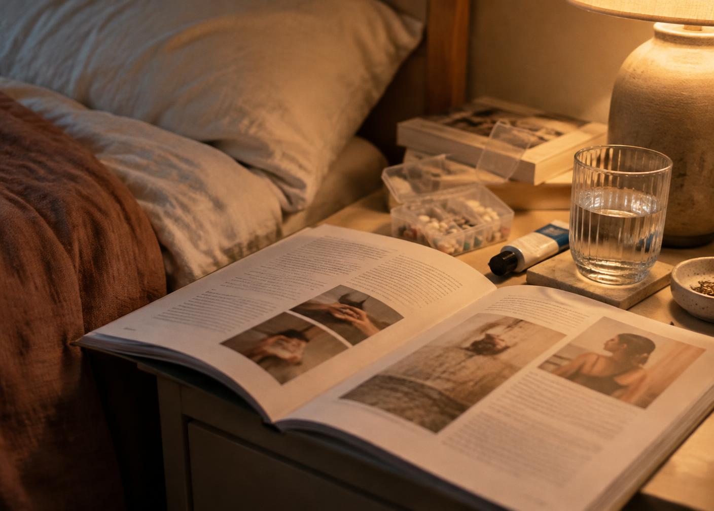 The guide open on a bedside table next to a medication case and a glass of water