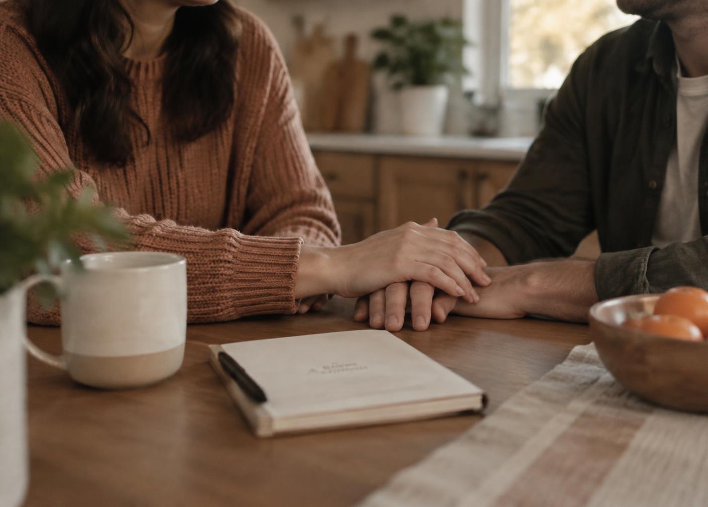 A couple sitting together at a kitchen table with a notebook