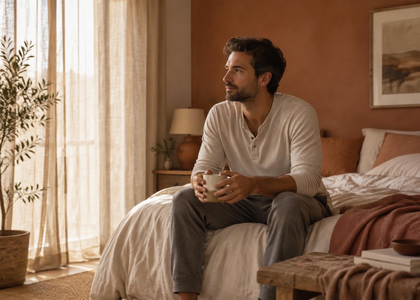 A man sitting on the edge of a bed early in the morning holding a mug