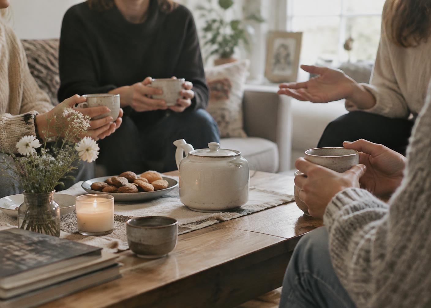 Friends and family sharing tea together in a bright living room